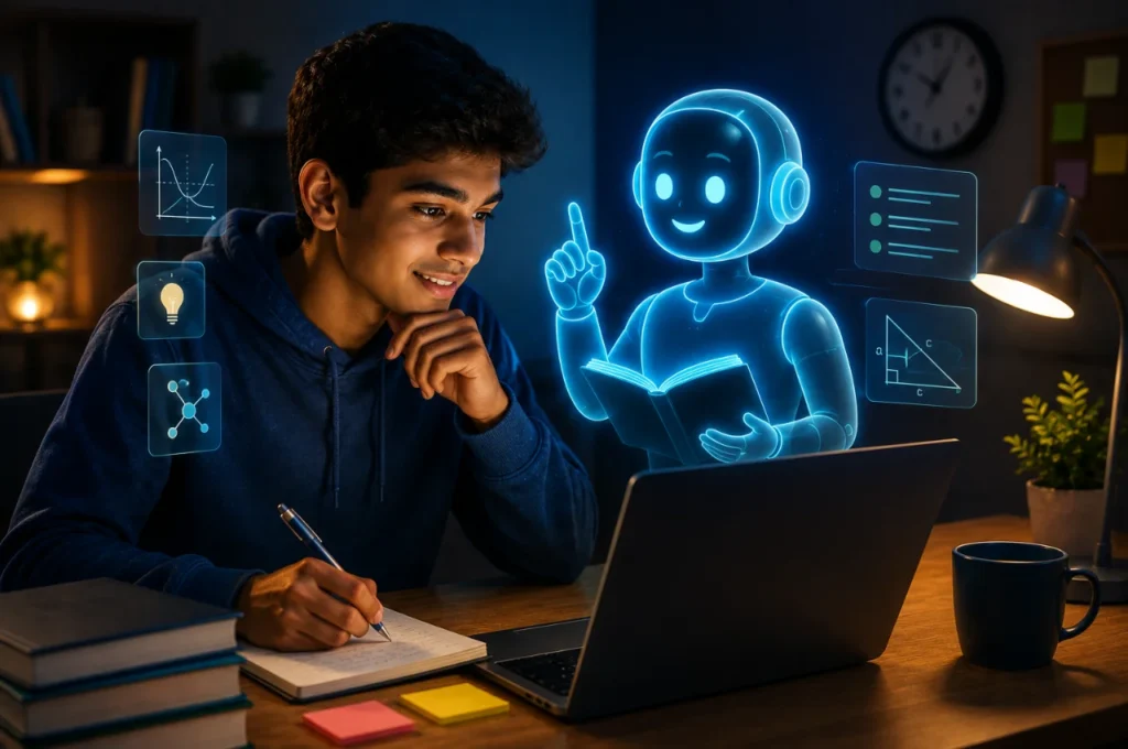 visual image of a boy and AI hologram of AI tutor