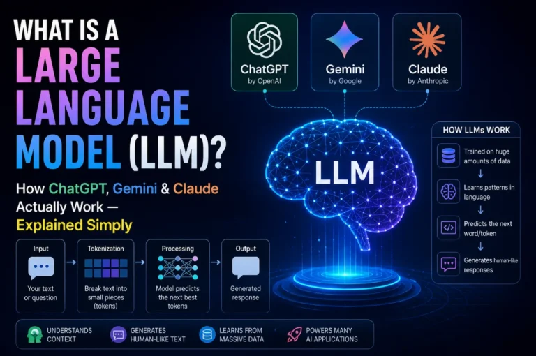 Clean, modern tech blog featured image showing an abstract visualization of a Large Language Model (LLM): glowing neural network connections, floating text tokens, and data flow between AI models, with a central AI brain-like structure. Include subtle representations of chat interfaces and language processing. Minimal background, dark blue and purple gradient, soft glow lighting, futuristic, high detail, 4K, no watermark, no text, professional tech illustration style