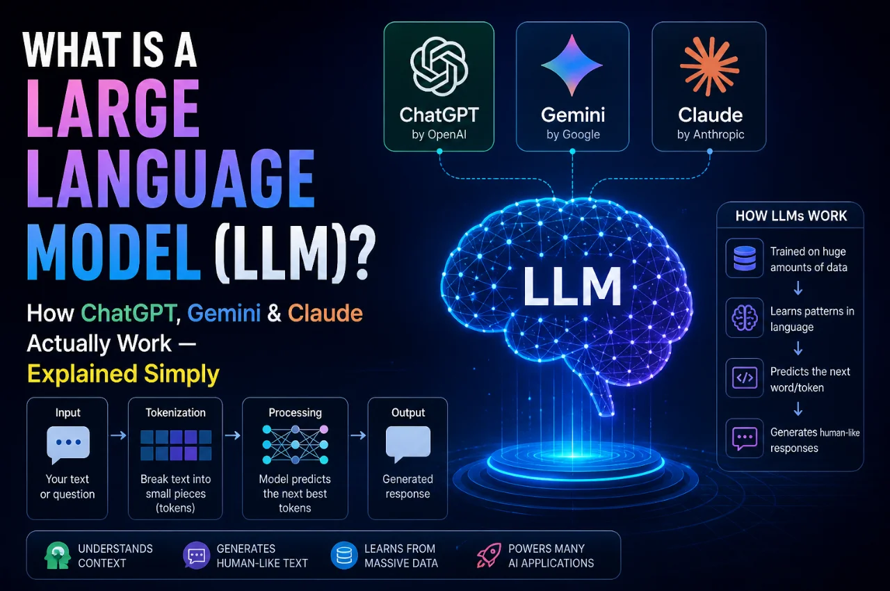Clean, modern tech blog featured image showing an abstract visualization of a Large Language Model (LLM): glowing neural network connections, floating text tokens, and data flow between AI models, with a central AI brain-like structure. Include subtle representations of chat interfaces and language processing. Minimal background, dark blue and purple gradient, soft glow lighting, futuristic, high detail, 4K, no watermark, no text, professional tech illustration style