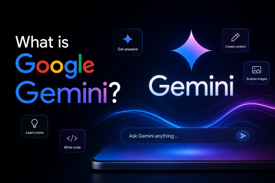 a image of google gemini with logo and smartphone, floting elements
